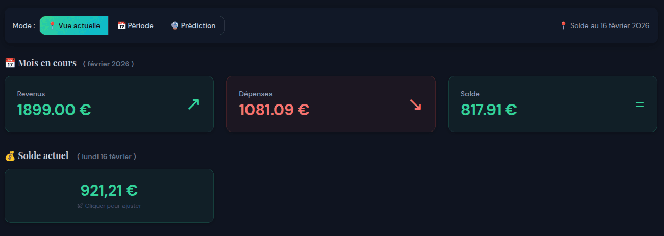 Mode vue actuelle - solde et statistiques du mois en cours